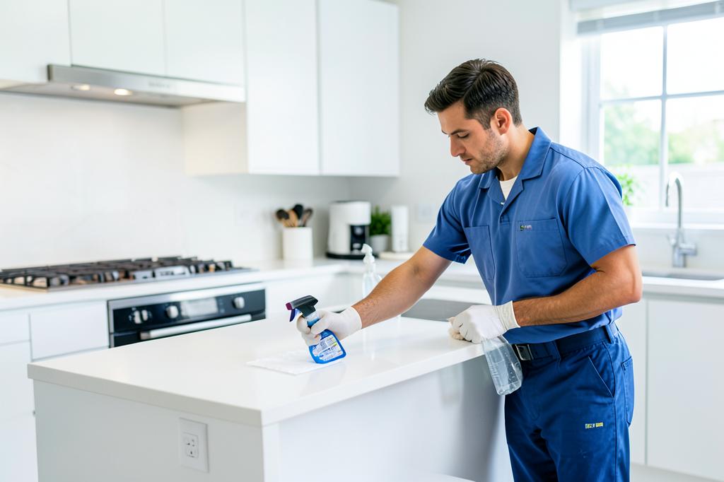 Cleaning professional wiping a kitchen counter
