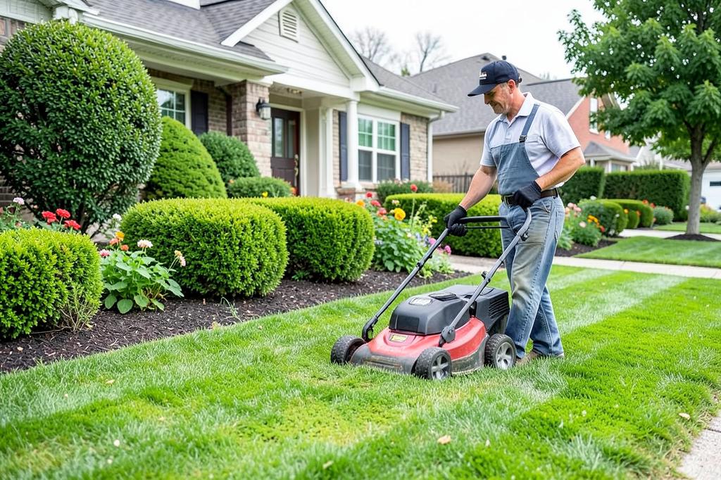 Landscaper mowing a lawn at a suburban home