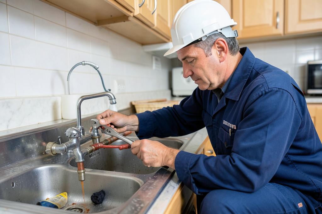 Plumber fixing pipes under a kitchen sink
