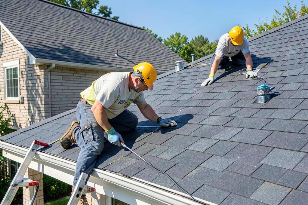 Roofing contractors installing shingles on a house